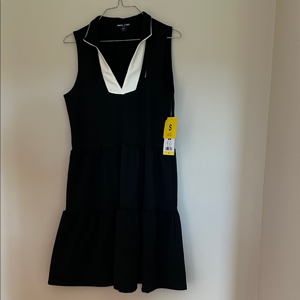 Nautica Jeans black polyester dress white trim layered skirt size small NWT